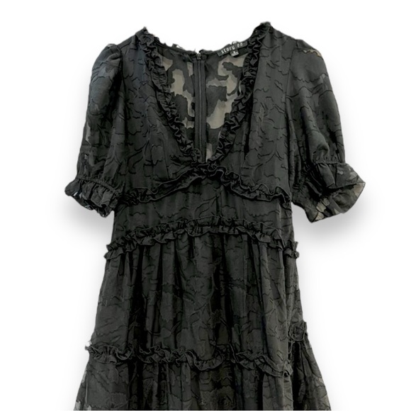 STORY ON Black Sheer Lace V Neck Puff Short Sleeve Dress SZ SM - Picture 2 of 12